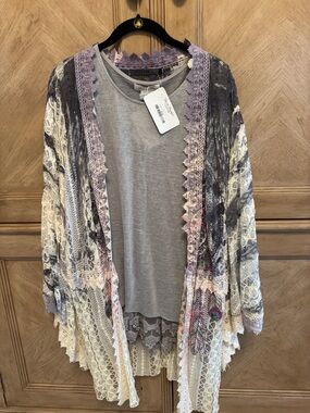 Light Gray Tee with Lavender Lace Trim Kimono Overlay